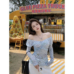 Blue Plaid One-Shoulder Mesh Long Sleeve T-Shirt for Women – Slim Fit Off-Shoulder Top