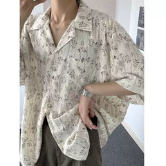 Elegant Floral Cuban Collar Ice Silk Shirt