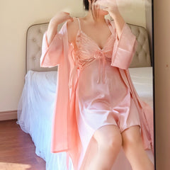 Satin Ice Silk V Neck Butterfly Sleep Dress with Padding Sexy Silky Nightdress
