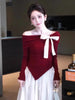 Red Off Shoulder Knit Top Women Slim Fit Elegant Base Layer