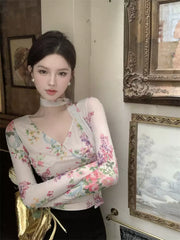 French Vintage V-Neck Long Sleeve Printed Mesh T-Shirt for Women, Slim Fit Short Elegant and Chic Top