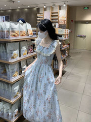 Square Neck Floral Dress for Women – French Pastoral Style A-Line Tea Break Skirt with Waist Design