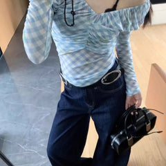 Blue Plaid One-Shoulder Mesh Long Sleeve T-Shirt for Women – Slim Fit Off-Shoulder Top