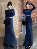 Blue Knitted Sweater Set Dress – Style Elegant High-End Long Skirt for Women
