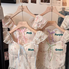 Sweet Style Ruffle Tie-Up Puff Sleeve Shirt – Floral Square Neck Slim Camisole Top