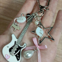 Handmade Beaded Cat Electric Guitar Keychain – Cute Kawaii Charm for Bags, Binders & Keys