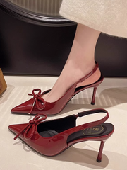 Burgundy Pointed Toe High Heels – Elegant Bow Detail