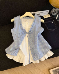 Sweet Girl Plaid Tie-Front Blouse – Summer Ruffle Trim Bow Shirt (Fake Two-Piece)