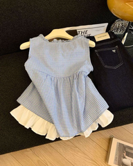 Sweet Girl Plaid Tie-Front Blouse – Summer Ruffle Trim Bow Shirt (Fake Two-Piece)