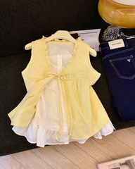 Sweet Girl Plaid Tie-Front Blouse – Summer Ruffle Trim Bow Shirt (Fake Two-Piece)