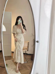 Summer retro square collar high-end French high-waisted lace maxi dress