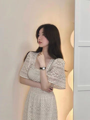 Summer retro square collar high-end French high-waisted lace maxi dress