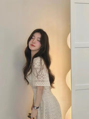 Summer retro square collar high-end French high-waisted lace maxi dress