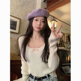 Korean Sweet Lace Edge Long Sleeve Knit Top for Women - Slimming & Trendy
