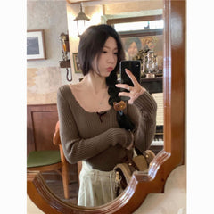 Korean Sweet Lace Edge Long Sleeve Knit Top for Women - Slimming & Trendy