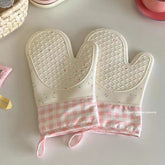 Korean Style Pink Checkered Cotton-Padded Silicone Gloves - Non-Slip, Heat-Resistant, Microwave Safe, Anti-Scald