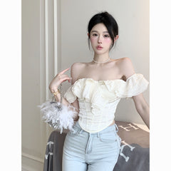 French Chic Off-Shoulder Shirt for Women | Sweet & Sassy Fishbone Fitted Top