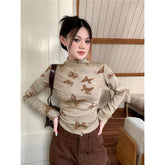 Bad Girl Style Butterfly Print Mock Neck T-Shirt | Pleated Long Sleeve Short Top for Women