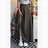 Vintage Coffee High-Waisted A-Line Skirt | Hepburn Style Draped Suit Skirt