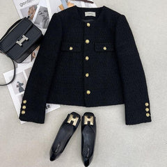 High-End Round Neck Chanel-Inspired Short Jacket | Petite French Tweed Coat for Women, Exquisite Design