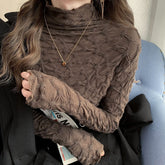 Plus Size Soft Turtleneck Solid Color Stretchy Fitted T-Shirt for Women | Slim Fit Ribbed Long Sleeve Top