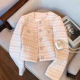 Women's Soft Romantic Powder Pink Pearl Button Tweed Jacket - Round Neck Long Sleeve Knit Blazer