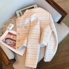 Women's Soft Romantic Powder Pink Pearl Button Tweed Jacket - Round Neck Long Sleeve Knit Blazer