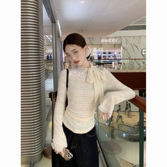 White Lace Bow Long-Sleeve T-Shirt Women - Chic Short Elegant Fall Top