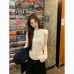 White Lace Bow Long-Sleeve T-Shirt Women - Chic Short Elegant Fall Top