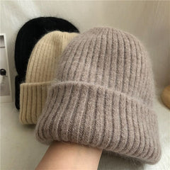 Warm Rabbit Fur Knit Hat for Women – Double-Layered, Thickened Woolen Beanie, Casual Ear-Protecting Soft Hat