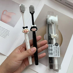 Cute Black & White Soft Bristle Toothbrush Set with Butterfly Bow & Diamond Pattern Handle - Adult & Couple Home Use, Wide Head Design