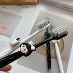 Cute Black & White Soft Bristle Toothbrush Set with Butterfly Bow & Diamond Pattern Handle - Adult & Couple Home Use, Wide Head Design
