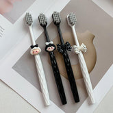 Cute Black & White Soft Bristle Toothbrush Set with Butterfly Bow & Diamond Pattern Handle - Adult & Couple Home Use, Wide Head Design