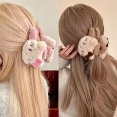Sweet & Cute Double-Sided Hello Kitty Bow Plush Claw Clip - Stylish Cartoon Shark Clip, High-Quality Hair Accessory for Girls