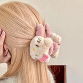 Sweet & Cute Double-Sided Hello Kitty Bow Plush Claw Clip - Stylish Cartoon Shark Clip, High-Quality Hair Accessory for Girls