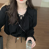 V-Neck Lace Trim Blouse for Women – Elegant Loose Fit Bell Sleeve Top with Tie Detail