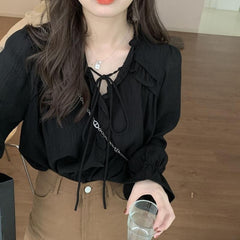 V-Neck Lace Trim Blouse for Women – Elegant Loose Fit Bell Sleeve Top with Tie Detail