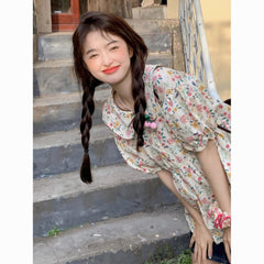 Sweet Floral Top - Loose Fit Cute Bubble Short Sleeve Shirt