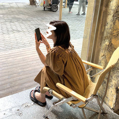 Square Neck Vacation Style Tie Waist Dress – Ruffled Mid-Length Loose Short Sleeve Dress