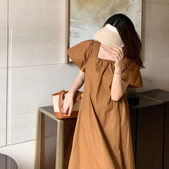 Square Neck Vacation Style Tie Waist Dress – Ruffled Mid-Length Loose Short Sleeve Dress