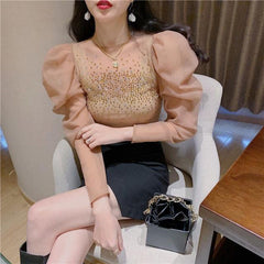 Transparent Mesh Top with Rhinestones – Sweet & Stylish Outfit