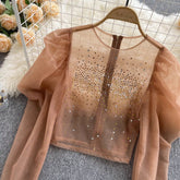 Transparent Mesh Top with Rhinestones – Sweet & Stylish Outfit