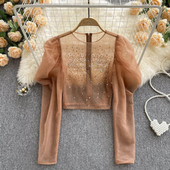 Transparent Mesh Top with Rhinestones – Sweet & Stylish Outfit