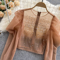 Transparent Mesh Top with Rhinestones – Sweet & Stylish Outfit