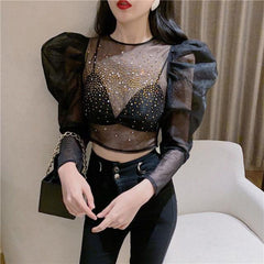 Transparent Mesh Top with Rhinestones – Sweet & Stylish Outfit