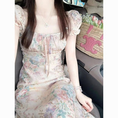 French Embroidered Floral Square Neck Dress - Slimming Waist-Cinching Vacation Long Dress for Women