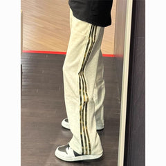 American High-Street Retro Heavy Sweatpants - Straight-Leg Sports Casual Pants with Camo Stripe & White Floral Design