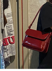 Vintage Red Patent Leather Small Square Bag, Fashionable Handbag and Shoulder Crossbody Bag