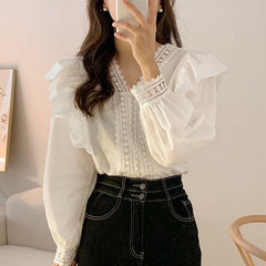 Chic Lace French Ruffle Puff Sleeve Long Sleeve Shirt for Women, V-neck