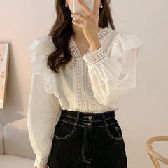 Chic Lace French Ruffle Puff Sleeve Long Sleeve Shirt for Women, V-neck
